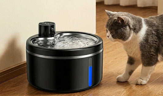 Fontaine à eau chat sans fil noire et ses trois modes : capteur, minuterie, continu