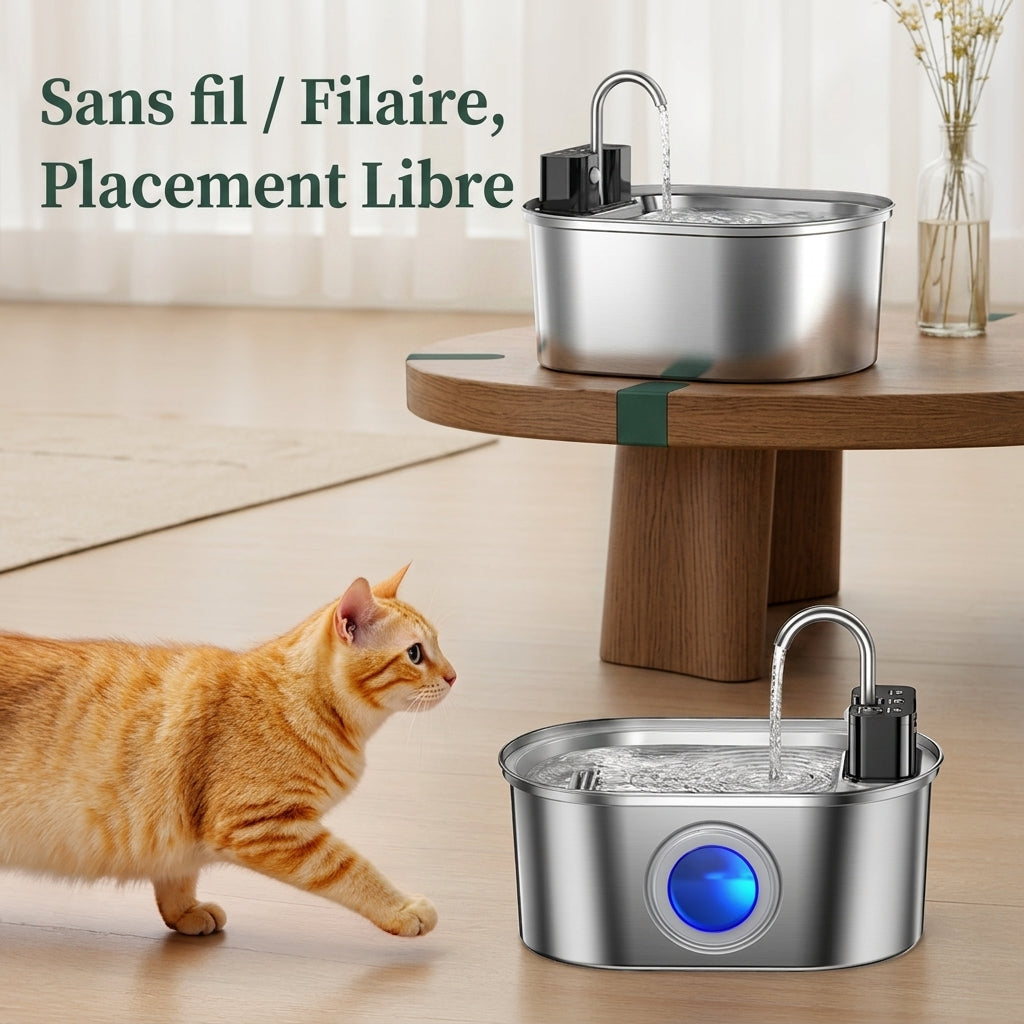 Fontaine à eau chat sans fil en inox à robinet, posée au sol et sur une table