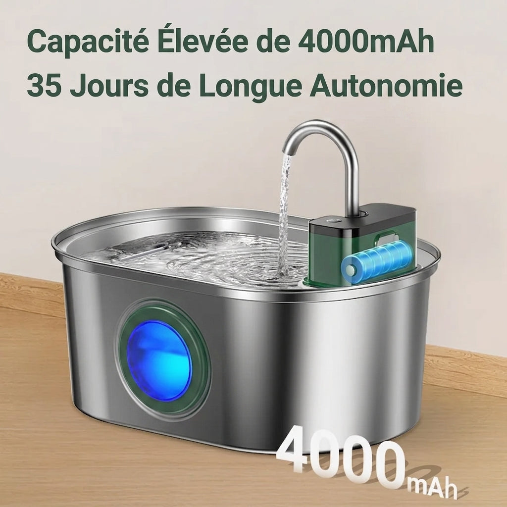 Fontaine à eau chat sans fil en inox, hublot bleu et batterie 4000 mAh apparente