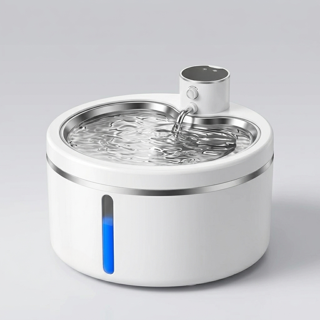 Fontaine à eau chat batterie blanche à bac inox, hublot de niveau bleu sur le côté