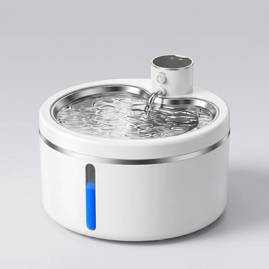 Fontaine à eau chat batterie blanche à bac inox, hublot de niveau bleu sur le côté