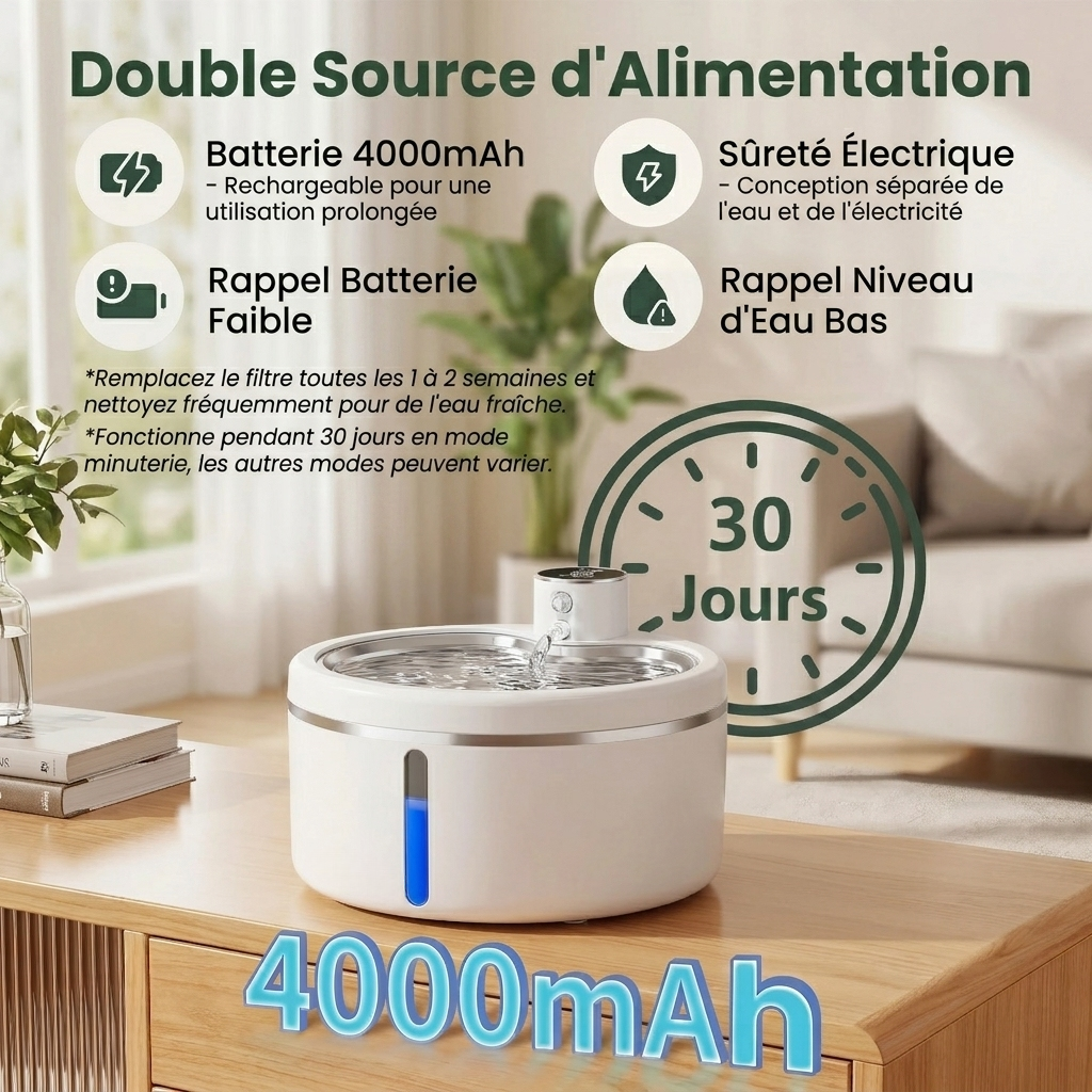 Double alimentation de la fontaine à eau chat batterie, batterie 4000 mAh ou secteur