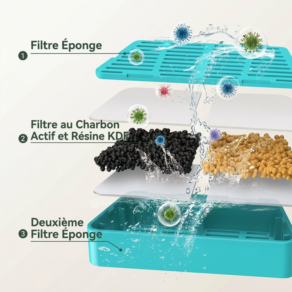 Filtration en trois couches de la fontaine à eau chat : éponge, charbon actif, éponge