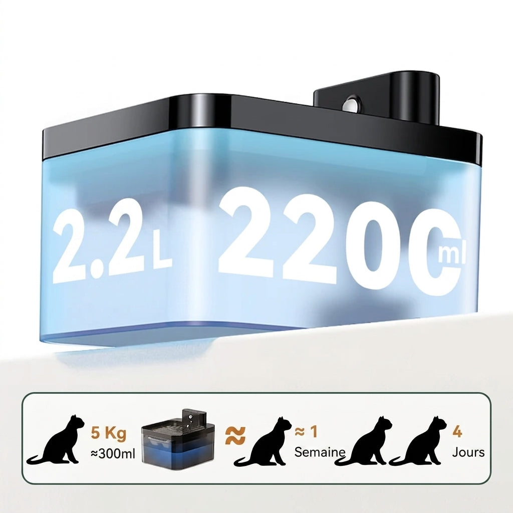 Réservoir de la fontaine à eau chat, contenance de 2,2 L soit 2200 ml indiquée