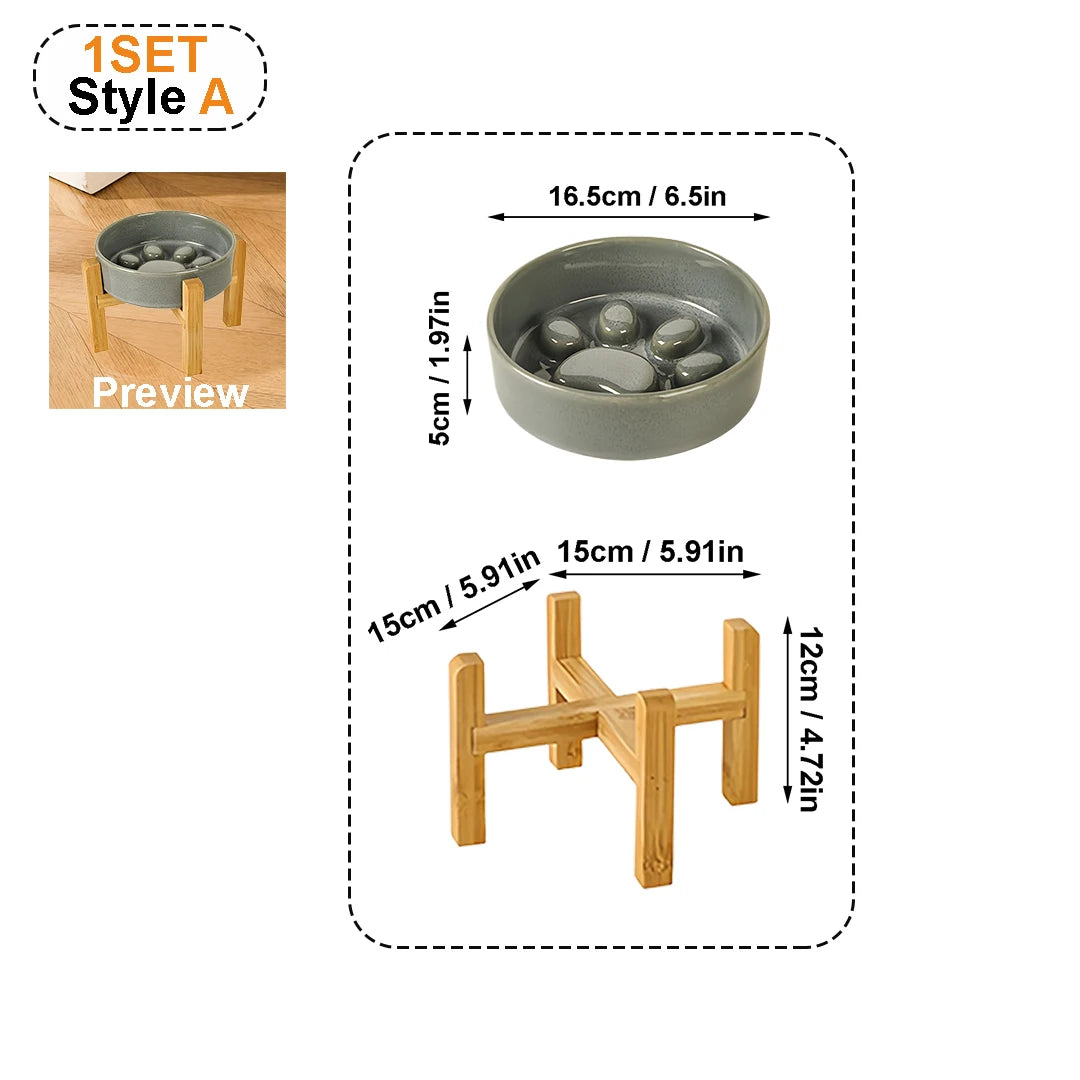 Schéma coté de la gamelle grise en céramique et de son support en bois : bol de 16,5 cm, pied de — gamelle anti glouton chat