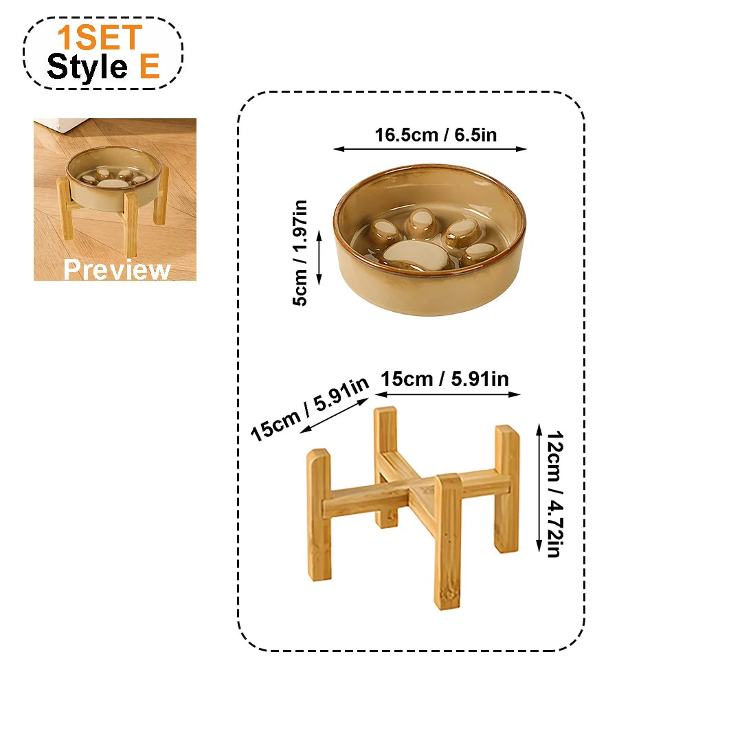 Schéma coté de la gamelle beige en céramique et de son support en bois de 15 cm de côté — gamelle anti glouton chat