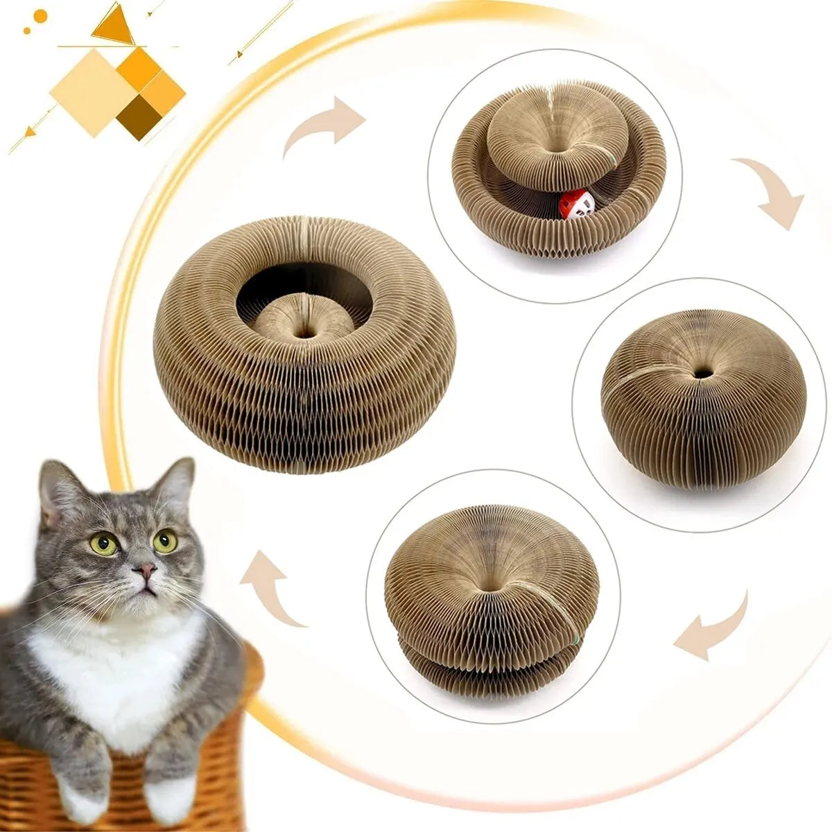 Les quatre formes du griffoir chat accordéon : couronne, dôme, anneau plat et double épaisseur