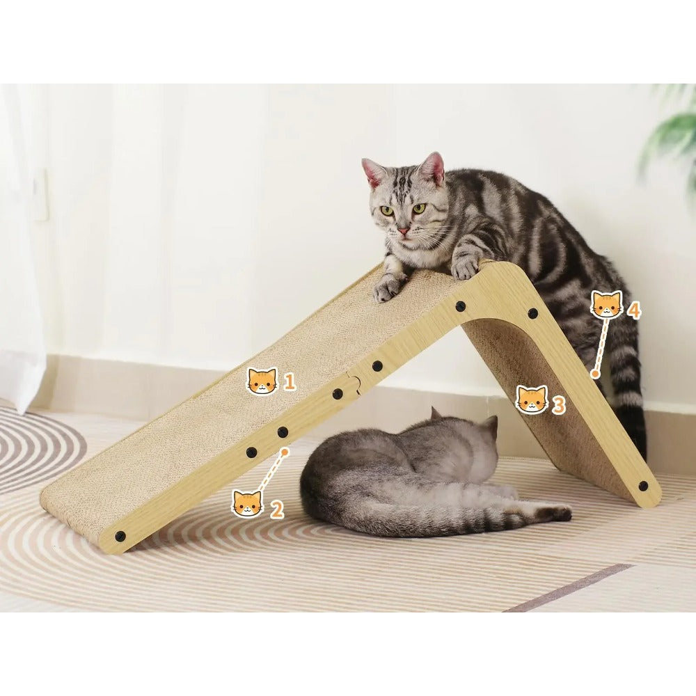 Griffoir chat design monté en pont, un chat sur le dessus et un autre couché dessous