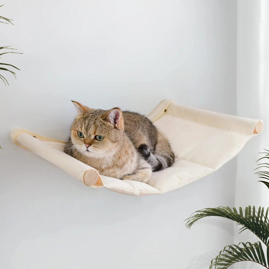 Hamac mural en bois de pin fixé au mur, chat tigré couché dans la toile de coton écrue — hamac mural pour chat