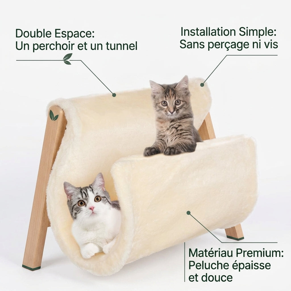 Deux chats sur le hamac chat radiateur en L, perchoir en haut et tunnel en dessous