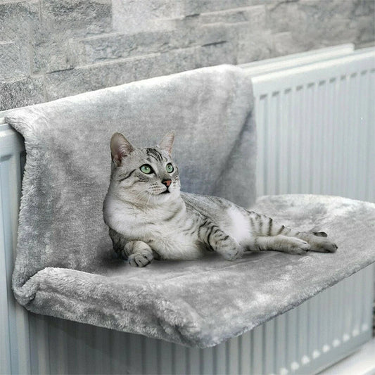 Chat tigré argenté allongé sur un hamac chat radiateur gris fixé à un radiateur blanc