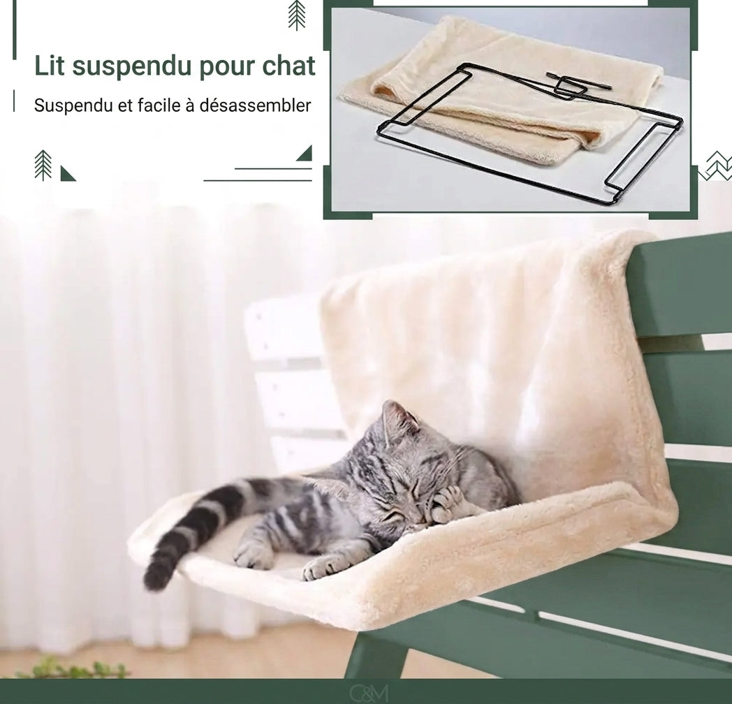 Hamac chat radiateur crème posé sur un banc, cadre métal et housse montrés en médaillon