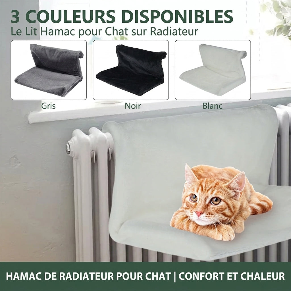 Trois coloris du hamac chat radiateur, gris noir et blanc, avec un chat roux installé dessus