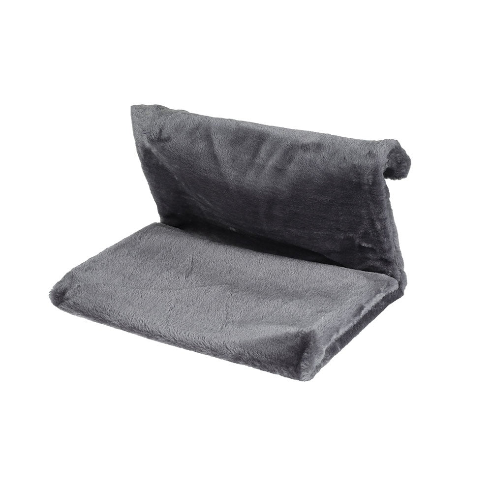 Hamac de radiateur pour chat gris à traversin, dossier relevé et boudin roulé, sur fond blanc