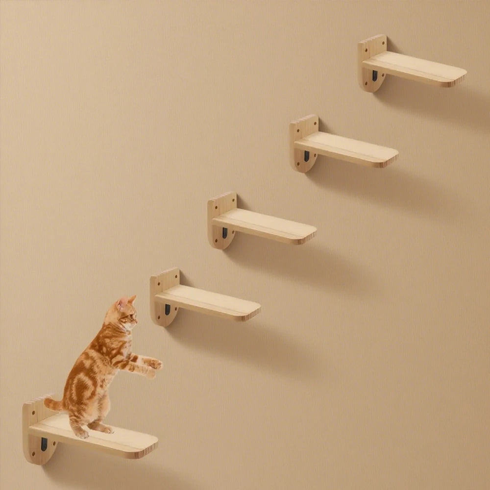 Marches murales en bois disposées en escalier sur un mur beige, chat roux sur la marche basse — parcours mural chat