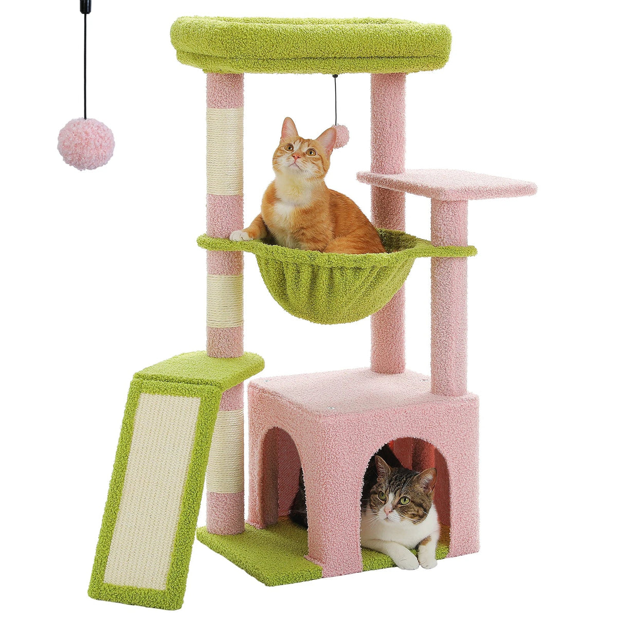 Arbre à chat rose et vert vu de face, plateforme haute à rebords, hamac et niche, deux chats — arbre à chat en bois