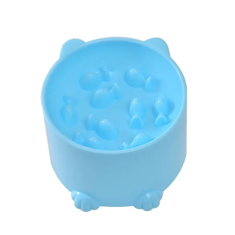 Petite gamelle bleue en forme de chat avec oreilles et pattes, poissons en relief au fond — gamelle anti glouton chat