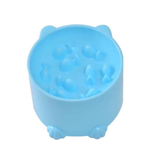 Petite gamelle bleue en forme de chat avec oreilles et pattes, poissons en relief au fond — gamelle anti glouton chat