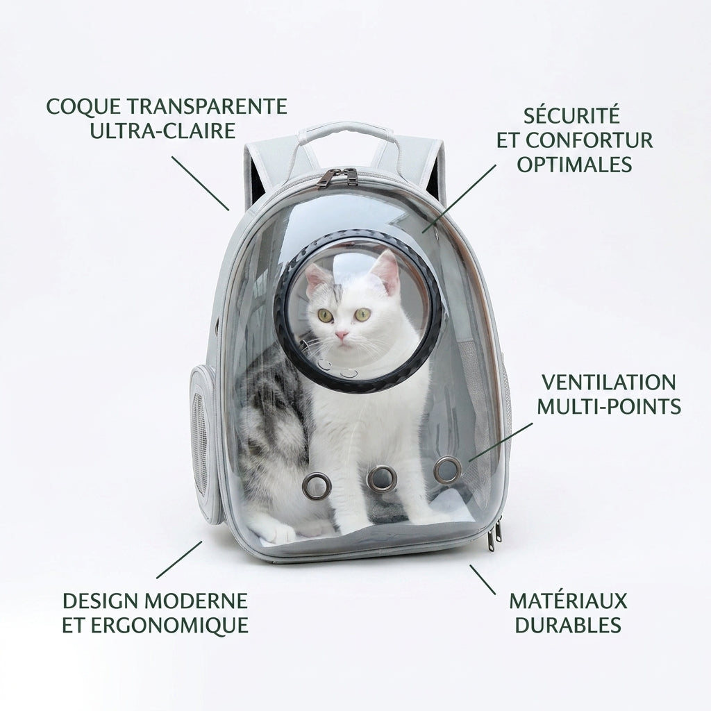 Sac à dos chat transparent annoté : coque claire, ventilation multi-points, design ergonomique