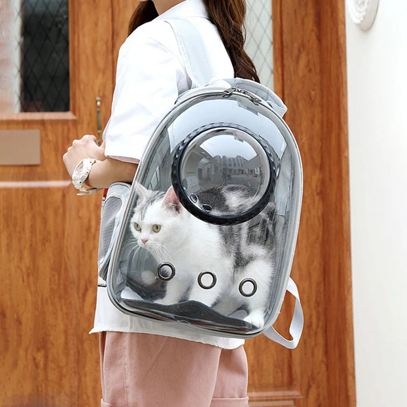 Femme portant le sac à dos chat capsule, chat blanc et gris visible dans le hublot