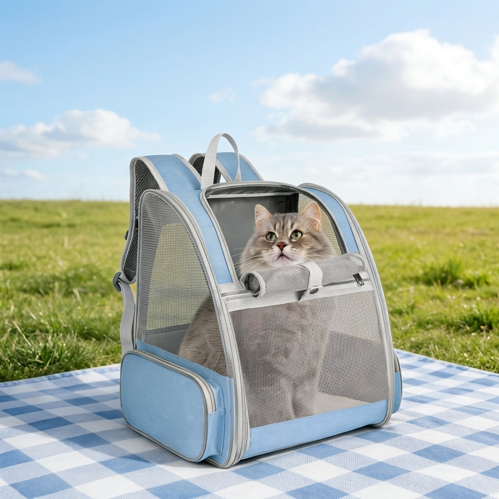 Sac à dos chat bleu clair à panneaux de maille, chat gris installé dedans dans l'herbe