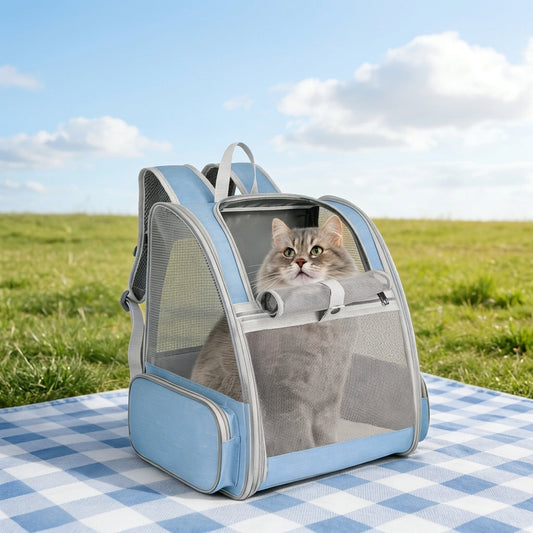 Sac à dos chat bleu clair à panneaux de maille, chat gris installé dedans dans l'herbe