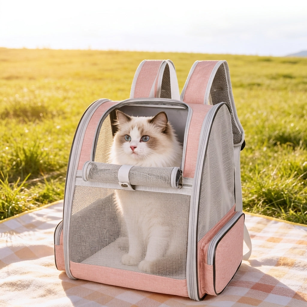 Sac à dos chat rose posé sur un plaid, chat blanc à poils longs assis à l'intérieur