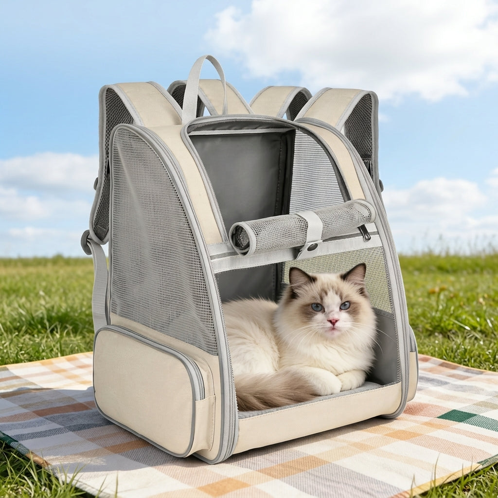 Sac à dos chat blanc cassé ouvert sur un plaid, chat sacré de Birmanie couché dedans
