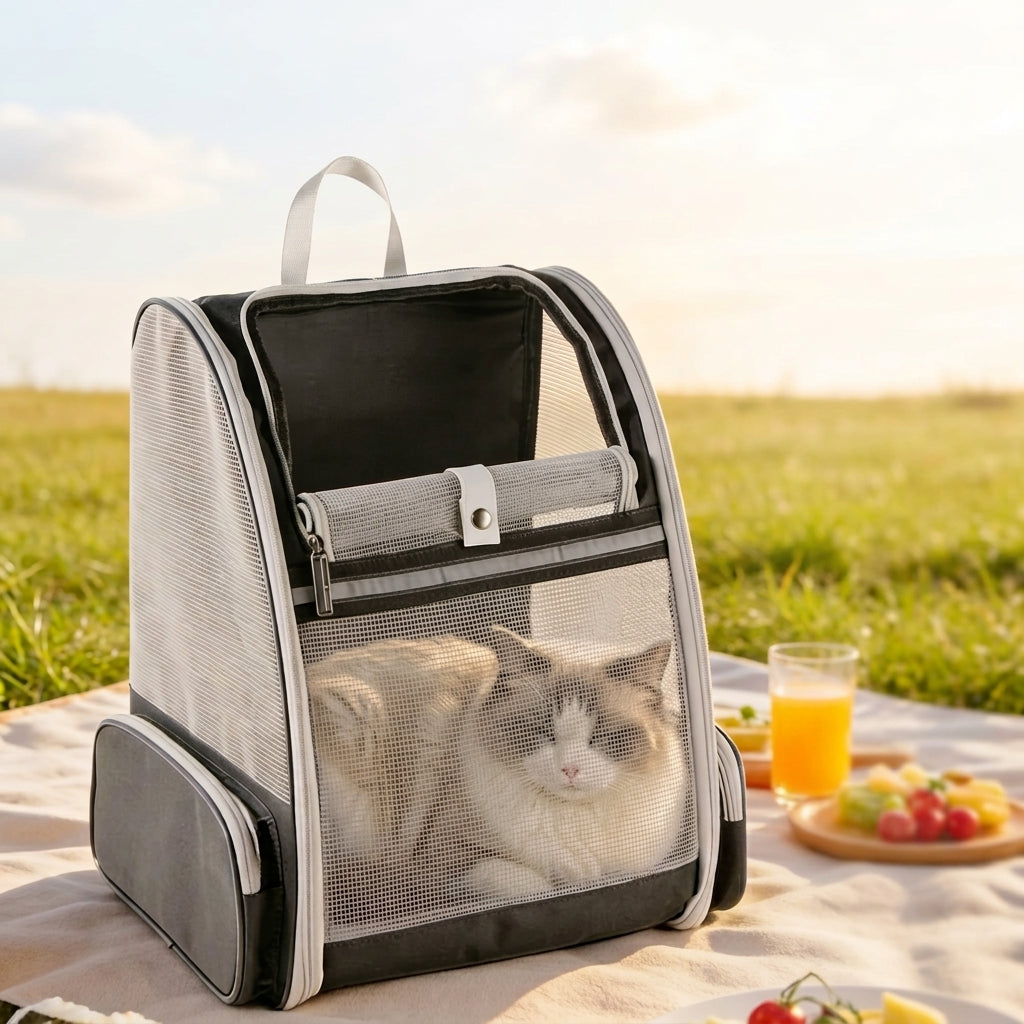 Sac à dos chat noir et gris posé sur une nappe, chat roux et blanc couché à l'intérieur