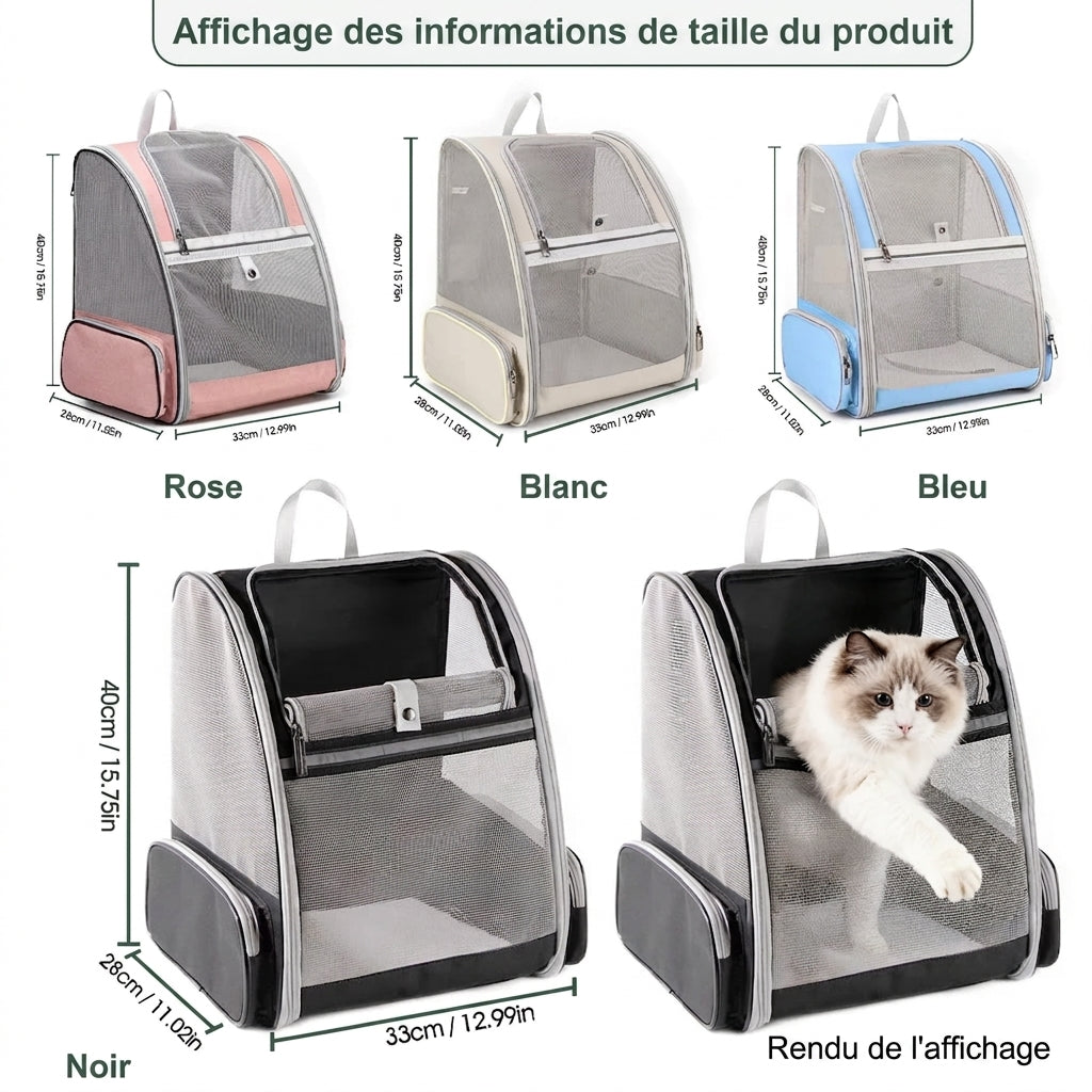 Cotes du sac à dos chat en rose, blanc, bleu et noir : 40 cm de haut sur 33 de large