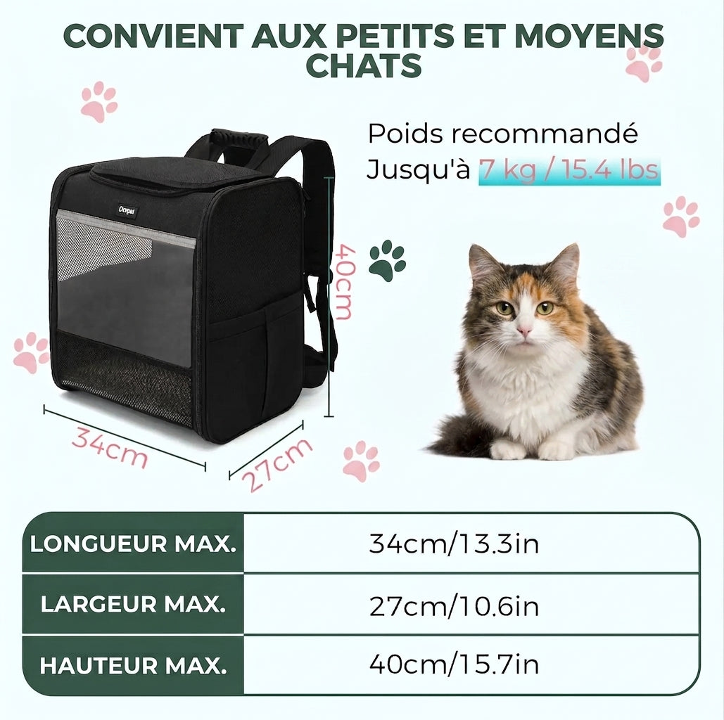 Cotes du sac à dos chat : 34 cm de long, 27 cm de large et 40 cm de haut