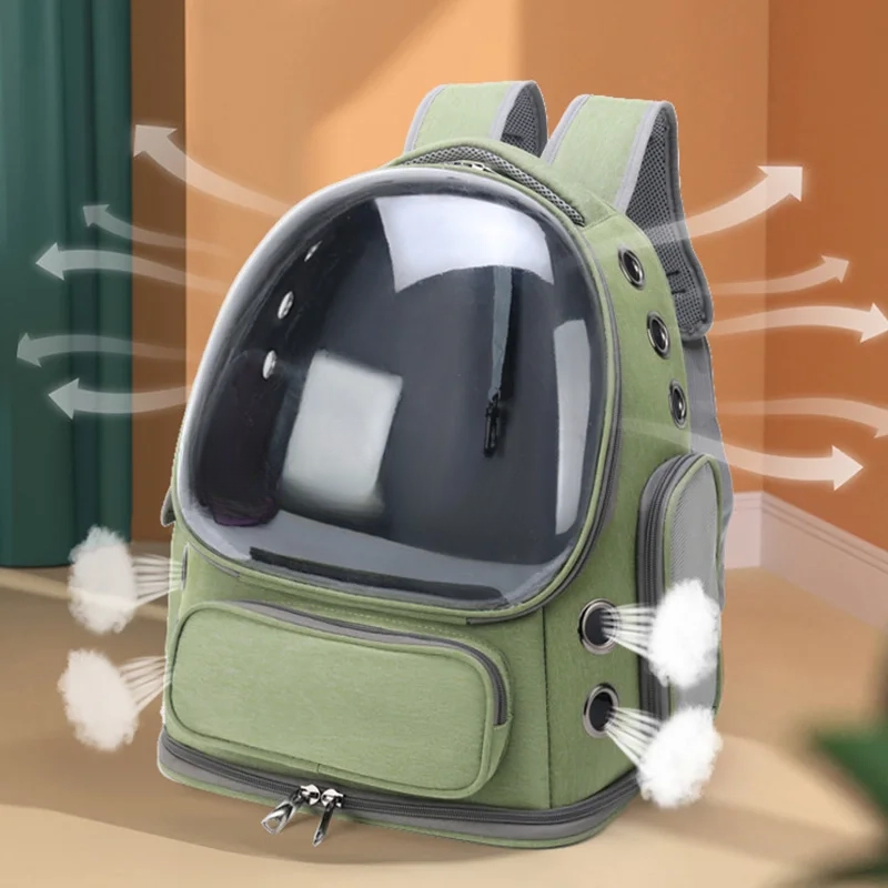 Sac à dos chat vert kaki à hublot bombé, circulation d'air par les œillets latéraux