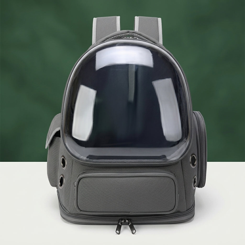 Sac à dos chat gris anthracite à hublot transparent, vu de face sur fond vert