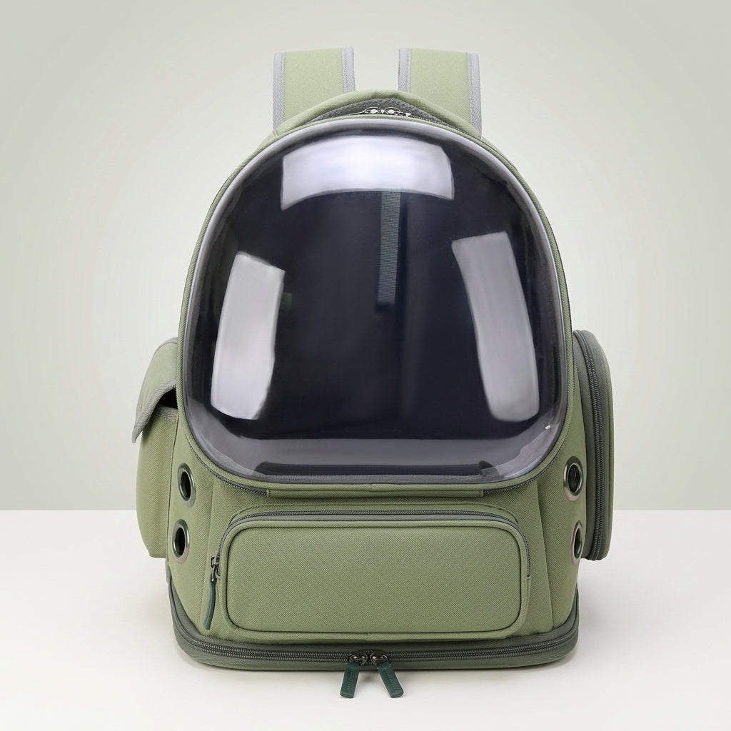 Sac à dos chat vert kaki à hublot transparent, vu de face sur fond clair