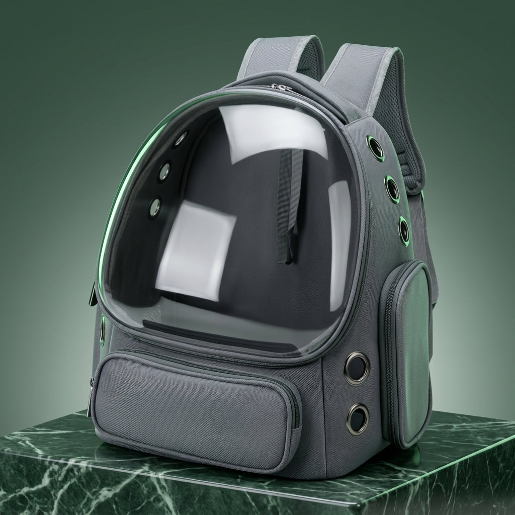 Sac à dos chat gris à hublot bombé posé sur un socle de marbre vert